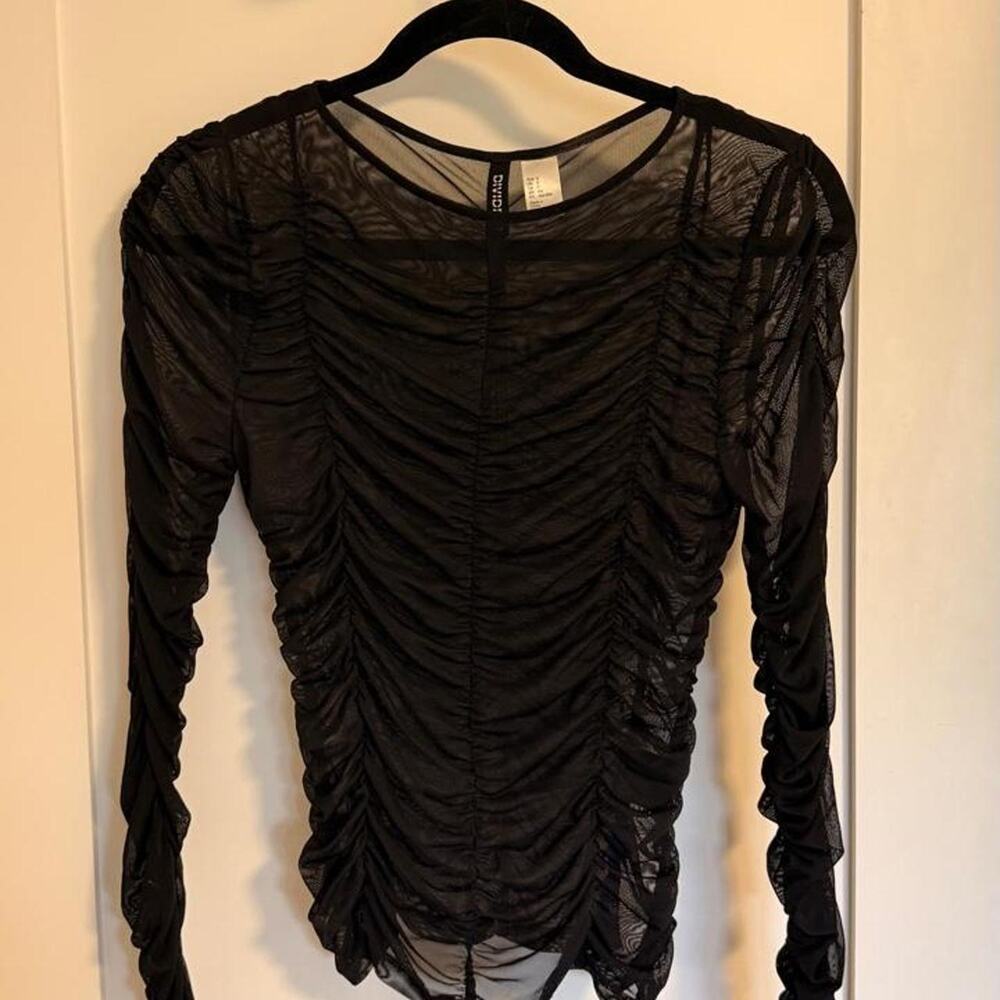 H&M Black Ruched Mesh Long Sleeve Top
